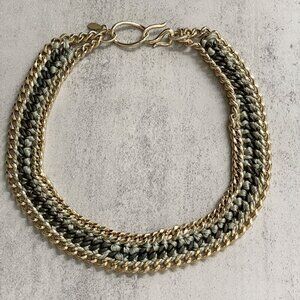 Lee Angel Vintage Bold Blue Thread Wrapped Gold Link Chain Choker Necklace 16"